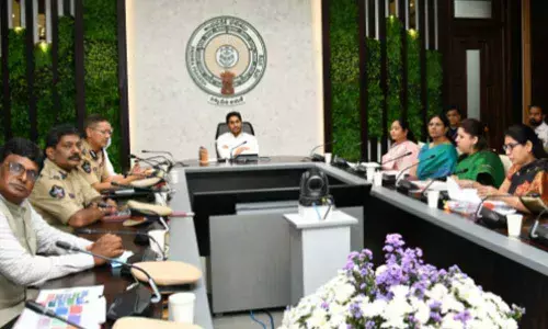 Chief Minister Y S Jagan Mohan Reddy reviews law and order, Disha and cybercrimes at his camp office in Tadepalli on Monday