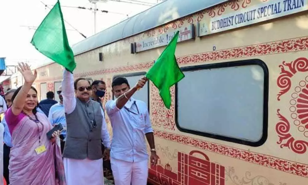 Union Minister of State for Tourism Ajay Bhatt flags off Buddhist Circuit Train from New Delhi Safdarjung Railway Station on Monday