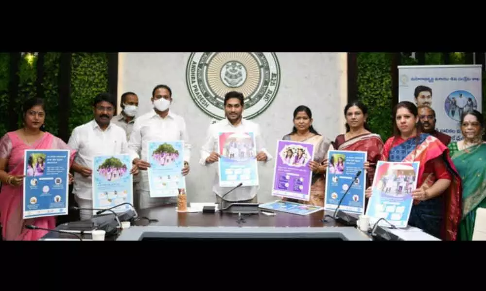 Chief Minister Y S Jagan Mohan Reddy, along with ministers, releases posters on Swechha programme, during its launch at his camp office in Tadepalli on Tuesday