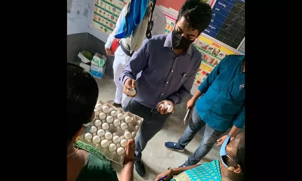 District Collector D Anudeep inspecting egg stock at an Anganwadi centre in Burgumpahad on Tuesday