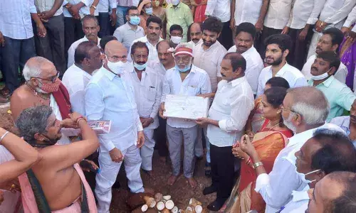 TTD Chairman YV Subba Reddy performing Bhoomi Puja for ESI Hospital along with Rajya Sabha Member Pilli Subhash Chandra Bose and BC Welfare Minister ChelluboinaVenu Gopala Krishna in Mandapeta on Tuesday