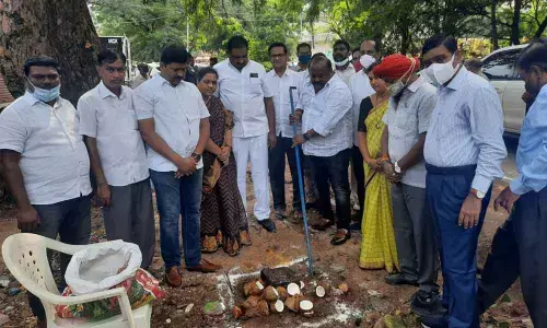 BC Welfare Minister  G Kamalakar laying foundation stone for Citizen Services Centre building in Karimnagar  on Tuesday