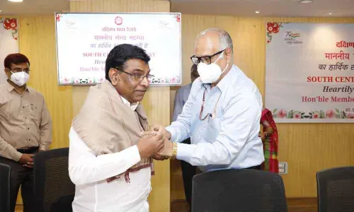 South Central Railway General Manager Gajanan Mallya felicitating MP Nama Nageswara Rao at a meeting in Hyderabad on Tuesday