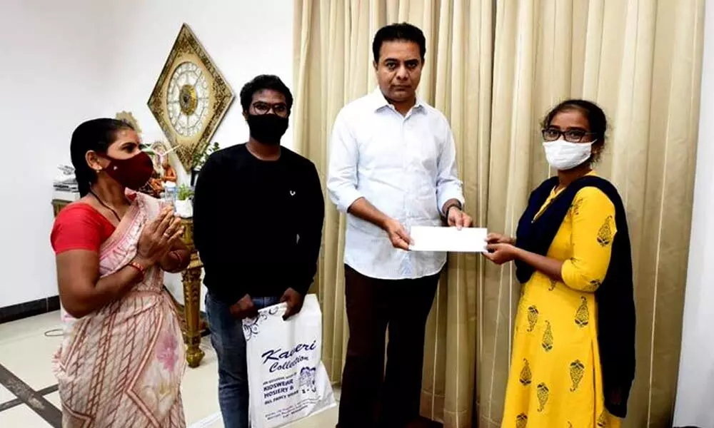 KT Rama Rao on Wednesday extended financial support to MBBS student to pursue her studies.