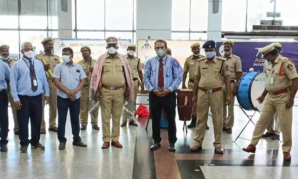 Airport officials at the Azadi ka Amrut Mahasav celebration in Rajamahendravaram on Wednesday