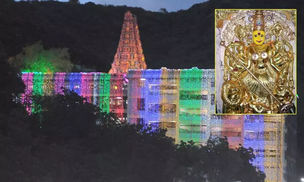 Sri Durga Malleswara Swami temple illuminated on eve of Dasara in Vijayawada on Wednesday   Photo: Ch Venkata Mastan