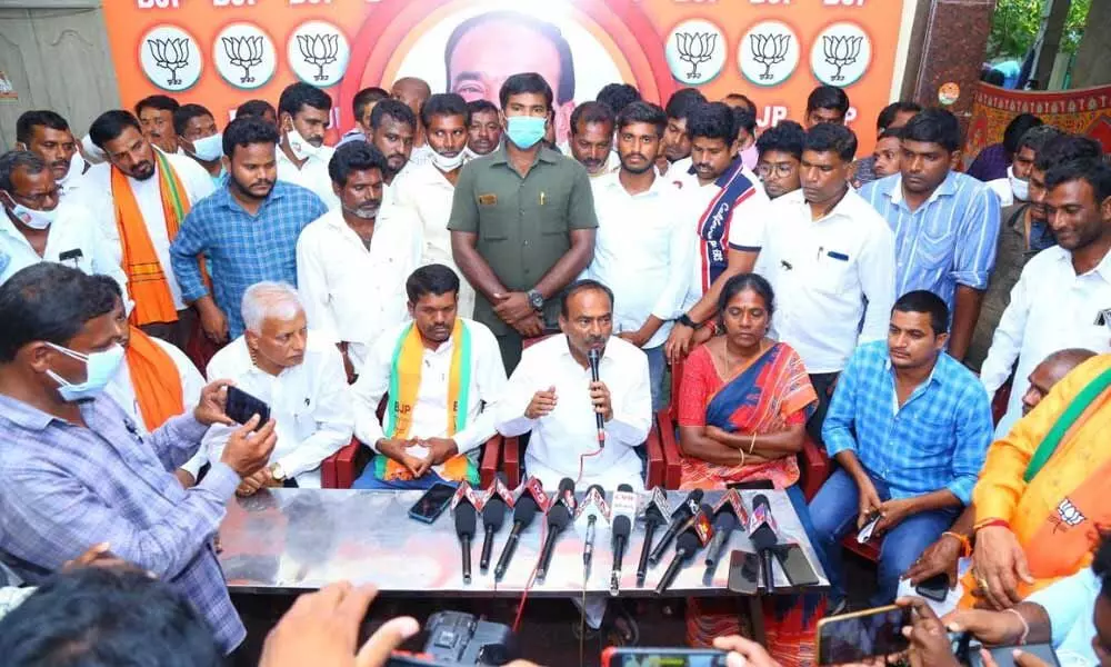 BJP leader E Rajender speaking to the media in Jammikunta on Wednesday