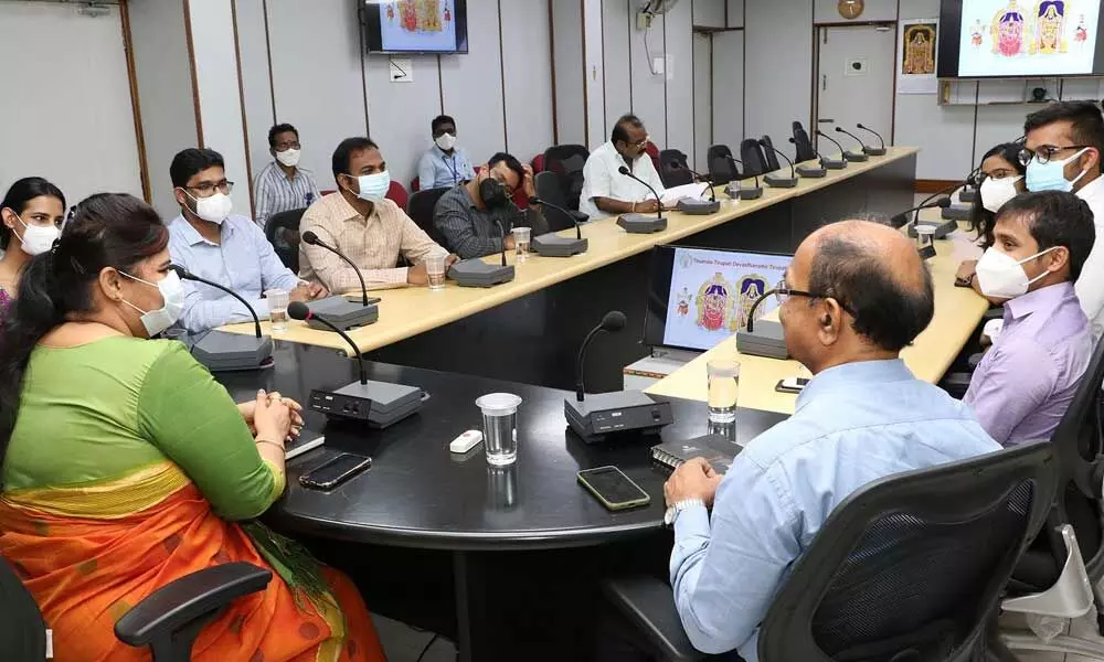 TTD JEO Sadha Bhargavi explains the functioning of TTD to trainee IAS officers at TTD Administrative Office in Tirupati on Wednesday
