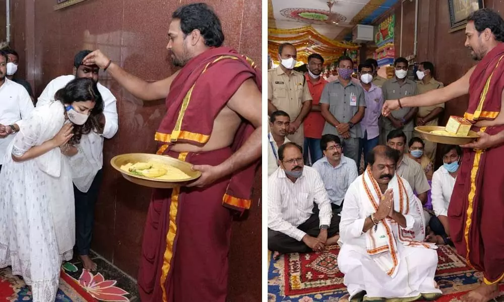 Film actor Shriya having darshan of Goddess Kanaka Durga and Minister of Labour Gummanur Jayaram