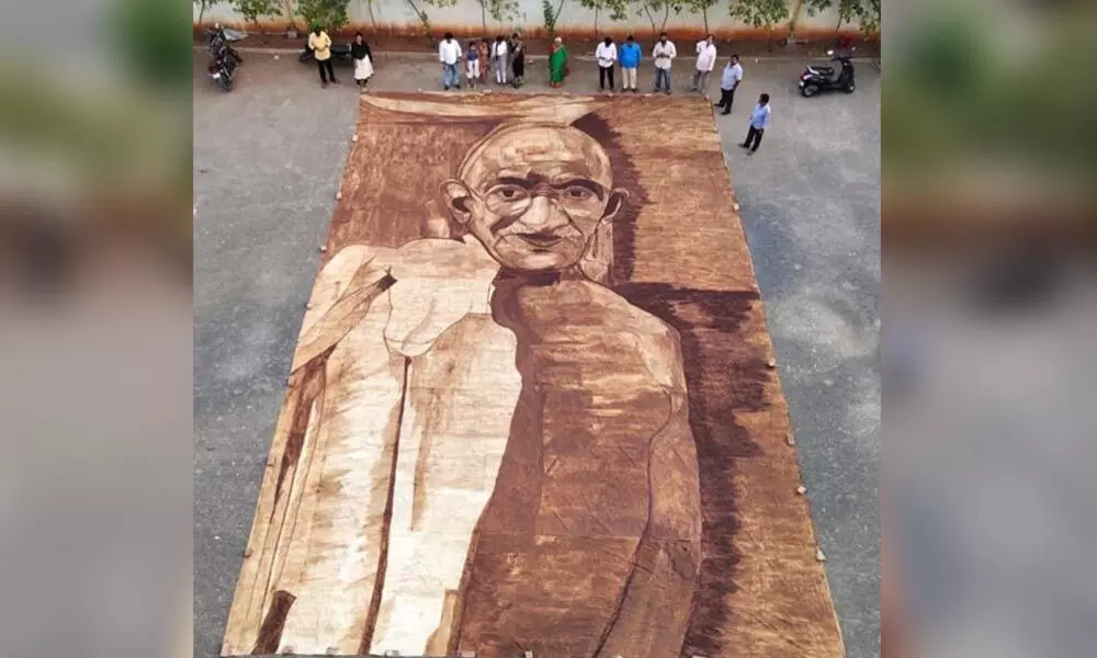 The portrait of Mahatma Gandh drawn by Adipudi Devisri with coffee, put on exhibition in 2019 (file photo)