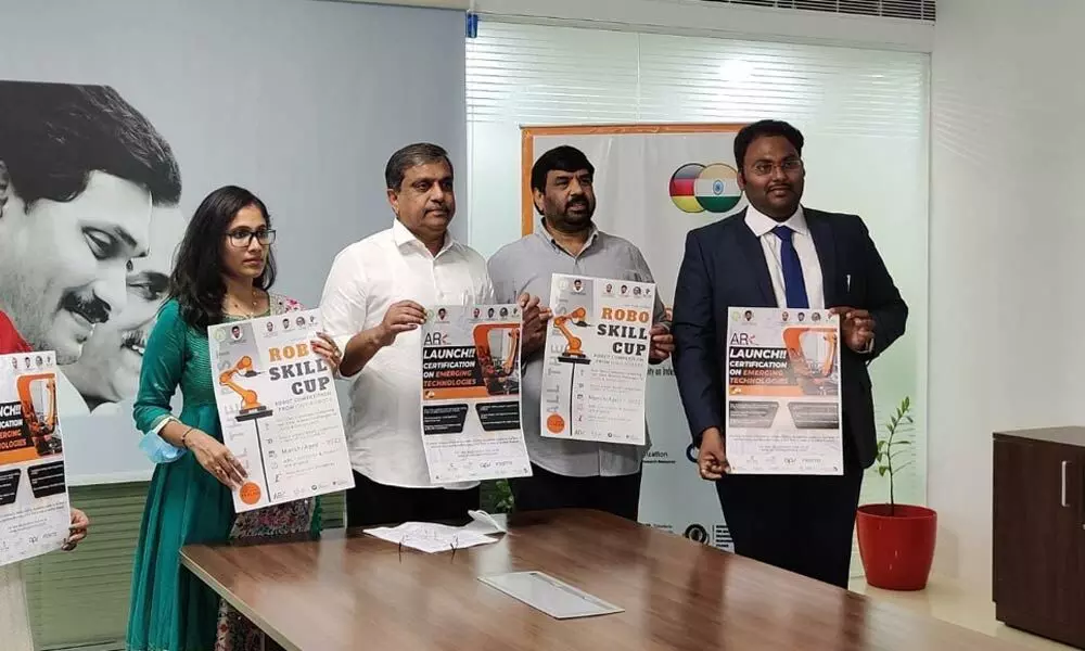 Government advisor (public affairs) Sajjala Ramakrishna Reddy and others releasing brochures pertaining to the Applied Robotic Control Certification course in Tadepalli on Friday