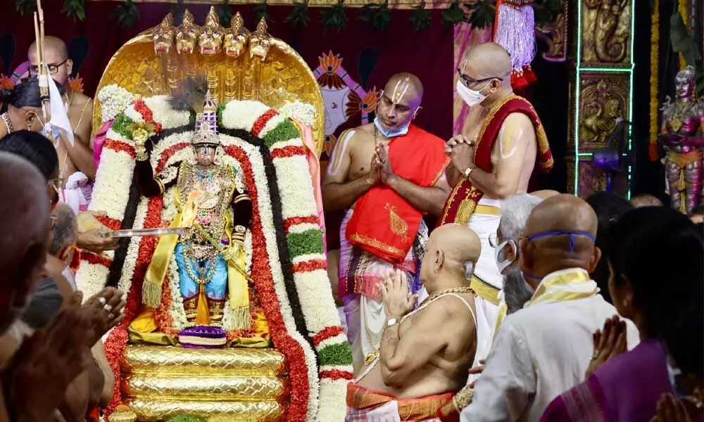 Lord Malayappa Swamy on Chinna Sesha Vahanam on the third day of Brahmotsavams at Tirumala on Friday morning