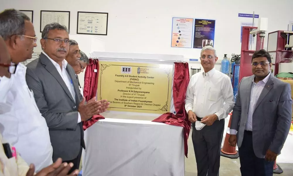 IIT Tirupati Director Prof K N Satyanarayana with other dignitaries at the inauguration plaque of Foundry 4.0 student activity centre on Saturday.