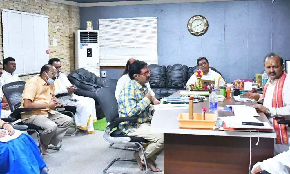 Endowments Commissioner Dr M Hari Jawahar Lal holds a review meet with the officials concerned at Srisailam temple on Saturday.