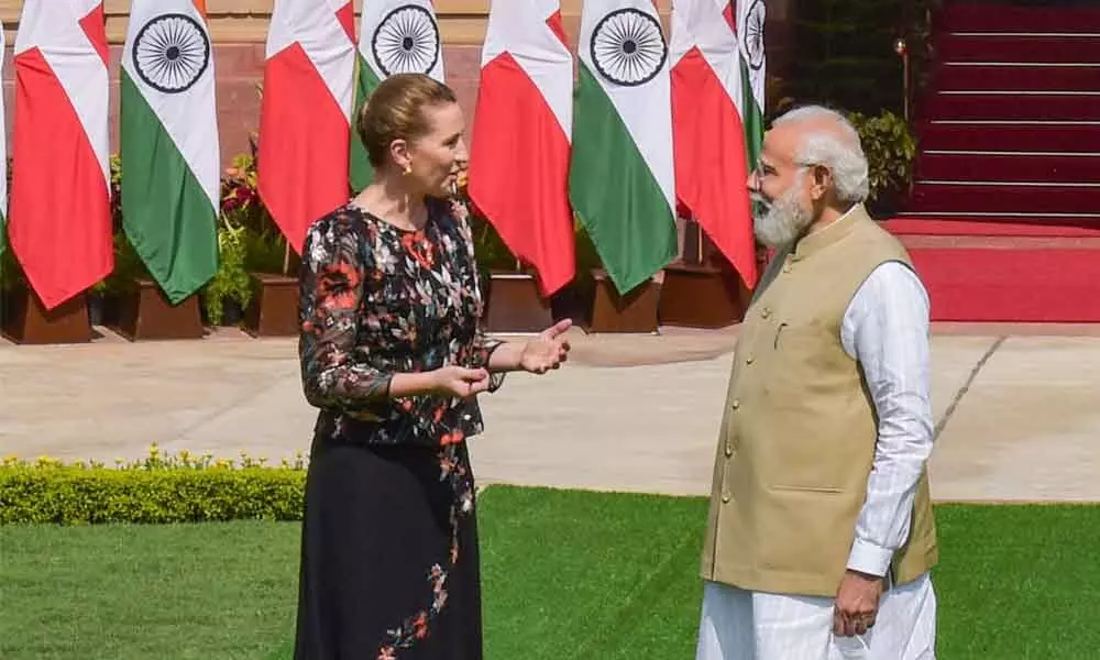Prime Minister Narendra Modi with Denmarks Prime Minister Mette Frederiksen prior to their meeting at Hyderabad House, in New Delhi on Saturday