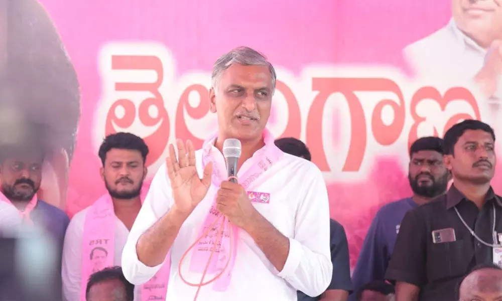 Finance Minister T Harish Rao speaking at a programme in Huzurabad on Sunday