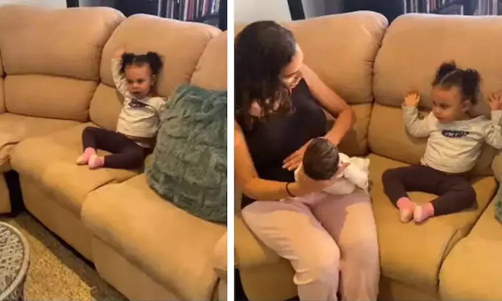 A young girls reaction to her newborn brother is hilariously unexpected.