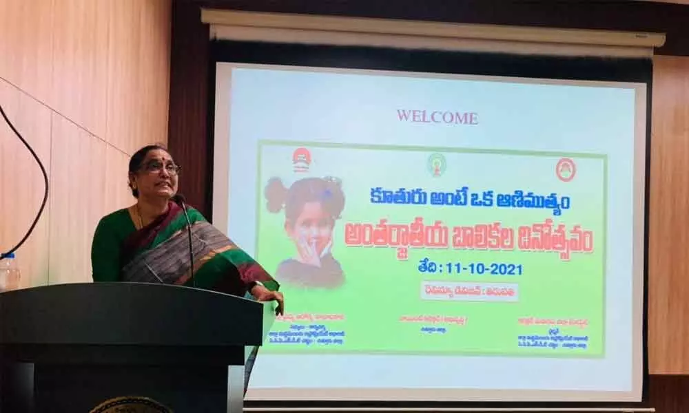 SPMVV V-C Prof D Jamuna speaking on the occasion of ‘International Girl Child Day’ in Tirupati on Monday.