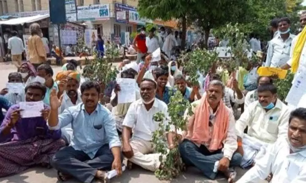 Farmers of Gudur mandal staging a protest in front of the Collector’s complex in Kurnool on Monday.