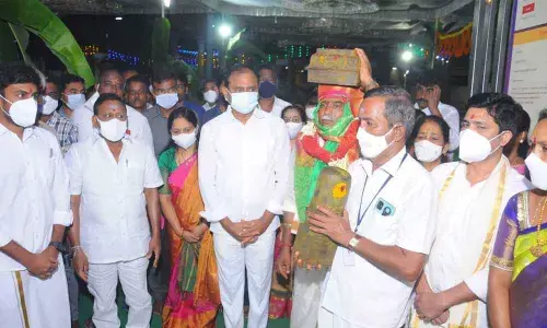 MLA B Karunakar Reddy along with MP Gurumoorthy and Mayor Dr R Sirisha participating in the foundation stone laying for the expansion works of Thataiah Gunta Gangamma temple in Tirupati on Monday