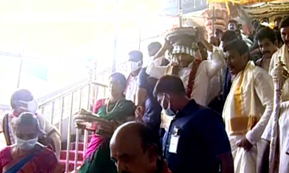 Chief Minister YS Jagan Mohan Reddy visited Vijayawada Kanaka Durga temple on Tuesday where priests welcomed him with Poornakumbham.