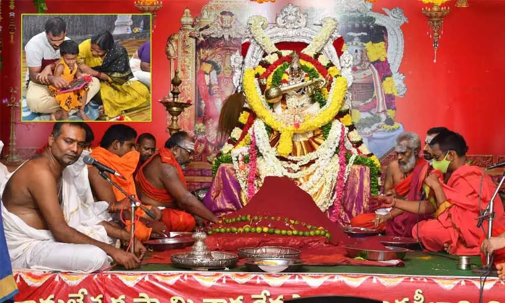 Priests performing special puja at Kanaka Durga temple in Vijayawada on Tuesday
