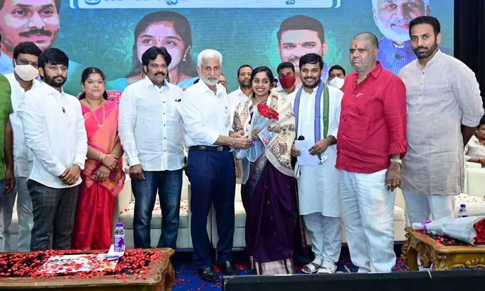 MP V Vijayasai Reddy at the swearing in ceremony of chairperson of Zilla Grandhalaya Samstha Konda Rama Devi in Visakhapatnam on Tuesday