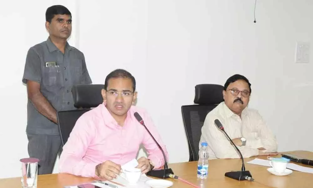 District Administrator Musharaf Ali Farooqui addressing a review meeting in Nirmal on Tuesday