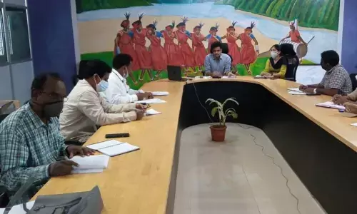 ITDA Project Officer Praveen Aditya holding a meeting with officials in Rampachodavaram on Tuesday