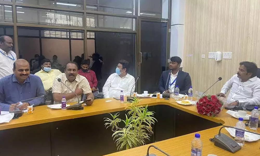 MP MVV Satyanarayana addressing various association representatives at Visakhapatnam Airport in Visakhapatnam on Wednesday