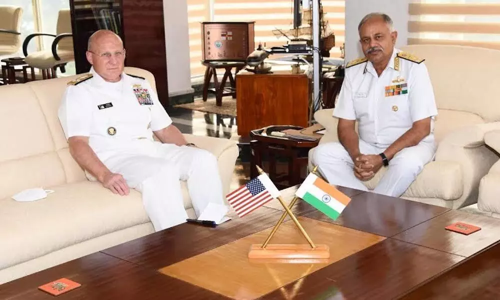 Chief of Naval Operations (CNO), US Navy Admiral Michael Gilday with Flag Officer Commanding-in-Chief, Easter Naval Command Vice Admiral Ajendra Bahadur Singh in Visakhapatnam