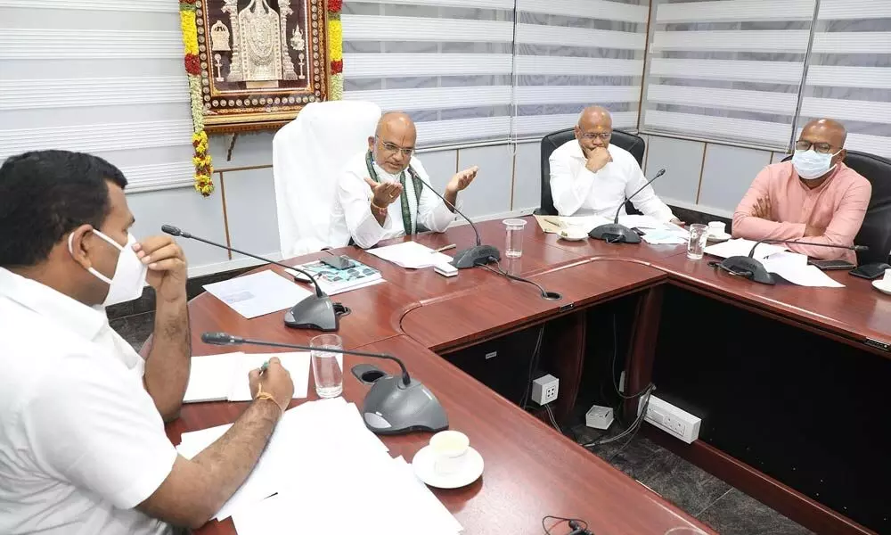 TTD EO Dr K S Jawahar Reddy holding a review  meeting with officials on the arrangements for the two-day Go Maha Sammelan, to be held in Tirupati, in Tirumala on Wednesday.