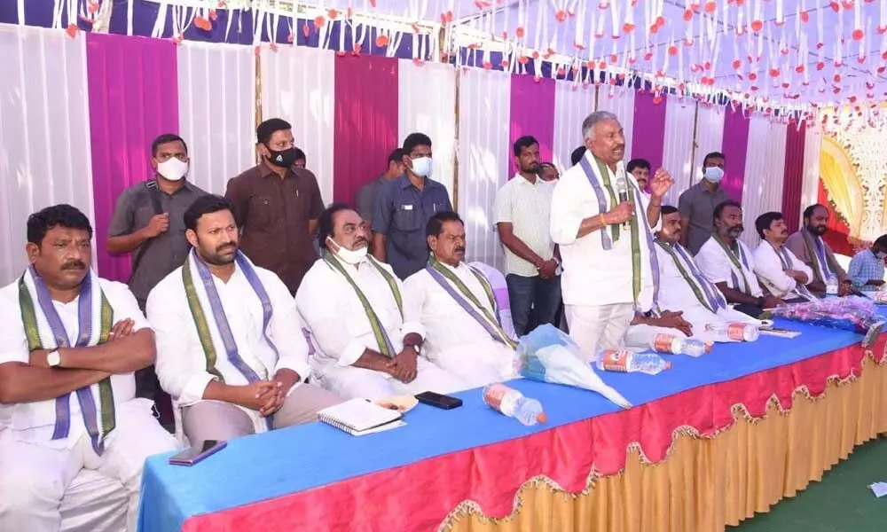 Panchayat Raj Minister P Ramachandra Reddy addressing at booth conveners’ meeting in Gopavaram on Wednesday.