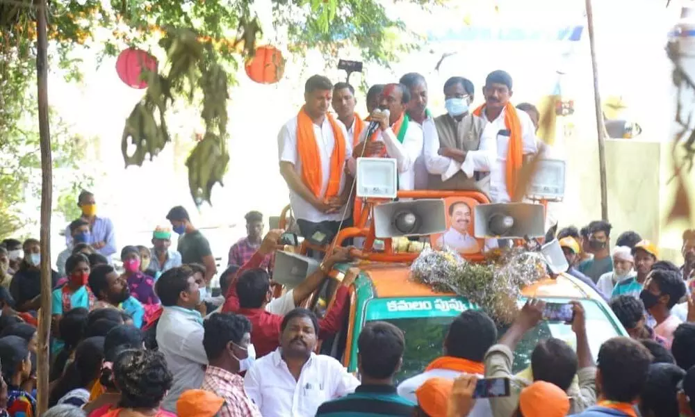BJP candidate for Huzurabad by-election Eatala Rajender addressing an election campaign at Ramannapally village in Jammikunta mandal on Wednesday