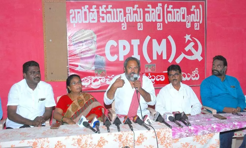 Filmmaker Narayana Murthy speaking to media persons at the CPM party office in Bhadrachalam on Wednesday
