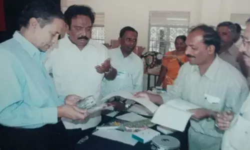 N Ravanappa submitting a representation to then TTD EO A P V N Sarma and JEO Muktheswar Rao seeking support for establishing Sravanam Project in Tirupati