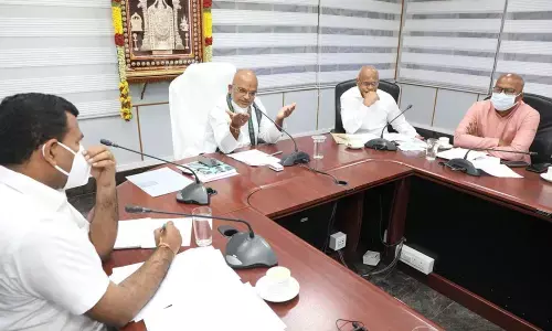 TTD EO Dr K S Jawahar Reddy holding a review  meeting with officials on the arrangements for the two-day Go Maha Sammelan, to be held in Tirupati, in Tirumala on Wednesday.