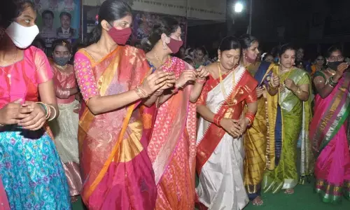 Deputy Mayor Chella Swaruparani taking part in Bathukamma festivities in Karimnagar on Wednesday