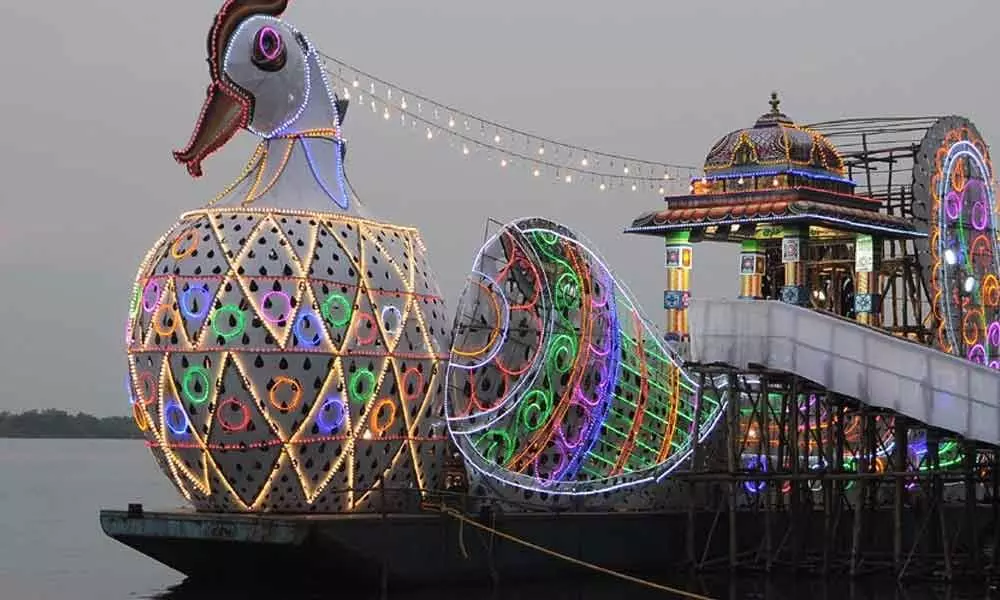 A boat decked up for Teppotsavam on Krishna River on the occasion of  Dasara festival in Vijayawada on Thursday