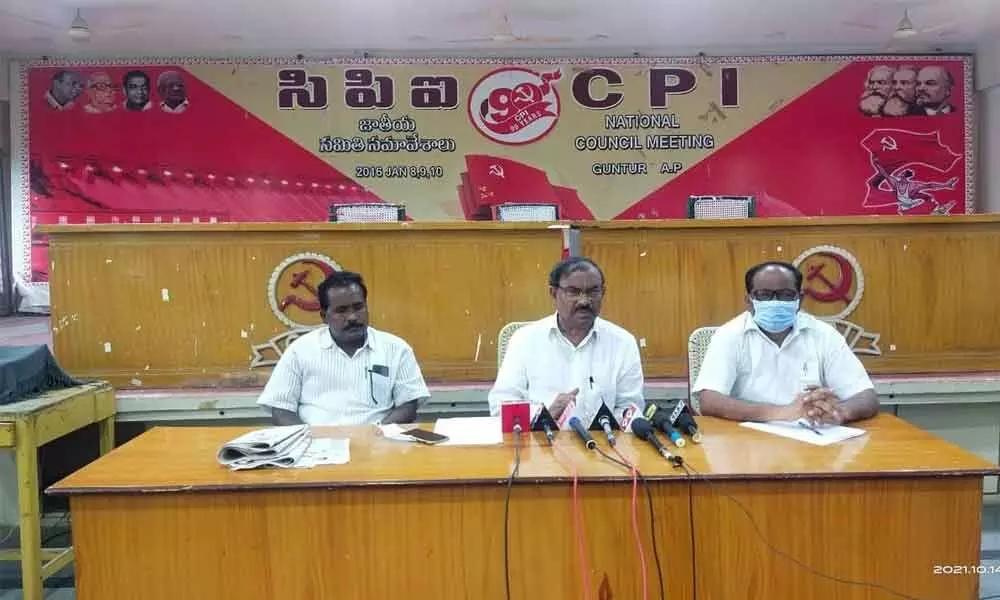 CPI State assistant secretary Muppalla Nageswara Rao addressing the media in Guntur on Thursday