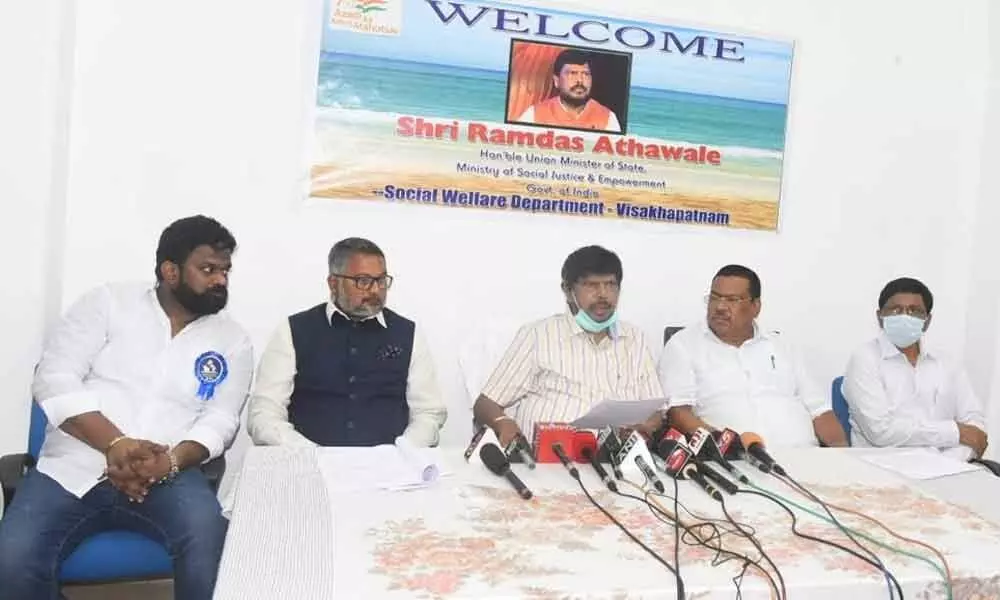 Union minister Ramdas Athawale addressing a meeting in Visakhapatnam on Sunday