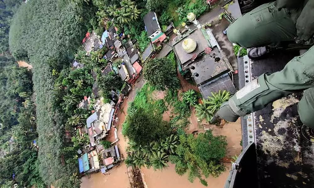 Aerial view of the landslide-affected area of Koottikkal in Kottayam district on Sunday