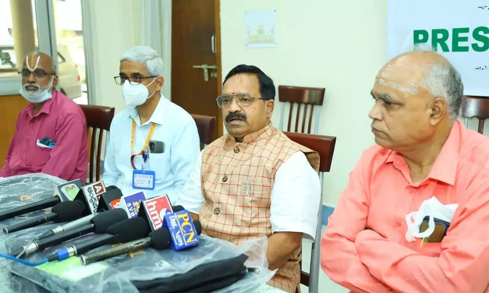 National Sanskrit University vice-chancellor Prof V Muralidhara Sharma addresses the media at Vidyapeetam guest house in Tirupati on Monday