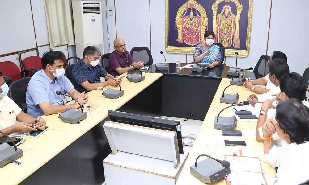 TTD JEO Sada Bhargavi taking part in a meeting with Endowments officials at her office in Tirupati on Monday