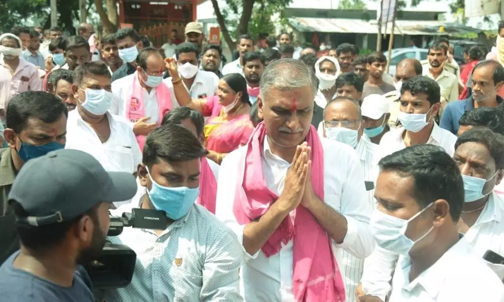Minister T Harish Rao campaigned in Indiranagar and Shalapally in Huzurabad constituency on Monday