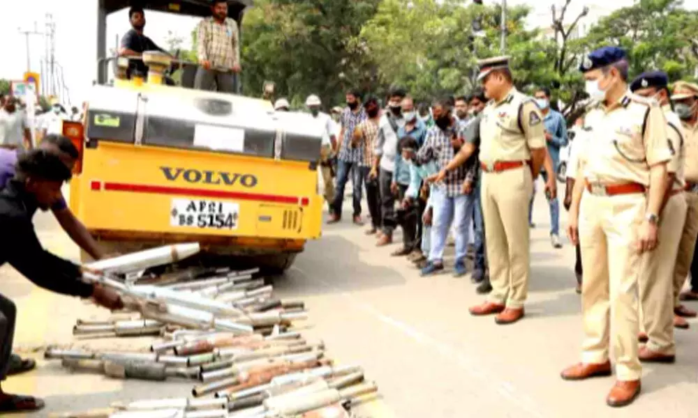 Hyderabad police crush illegally modified bike silencers
