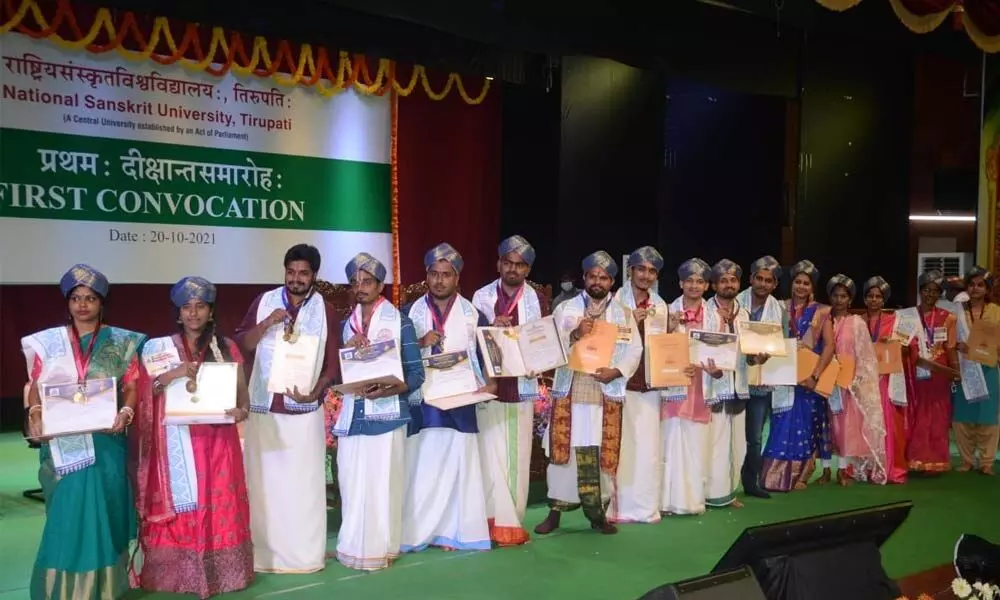 Students who received gold medals at NSU convocation in Tirupati on Wednesday
