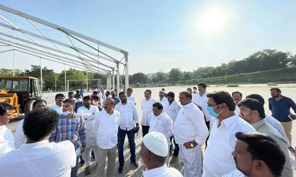 TRS leaders inspecting the party plenary venue on Wednesday