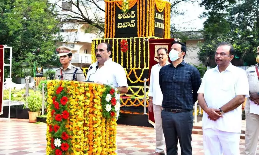 Minister Balineni Srinivasa Reddy speaking at the Police Commemoration Day programme in Ongole on Thursday