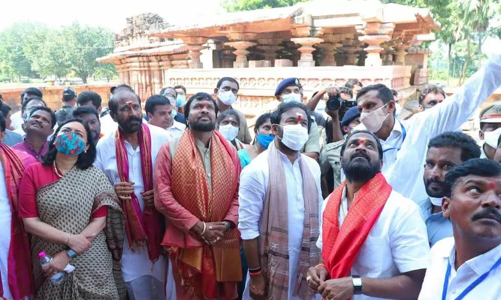 Union Minister of Culture and Tourism G Kishan Reddy watching the architectural elegance of Ramappa temple at Palampet in Mulugu district on Thursday